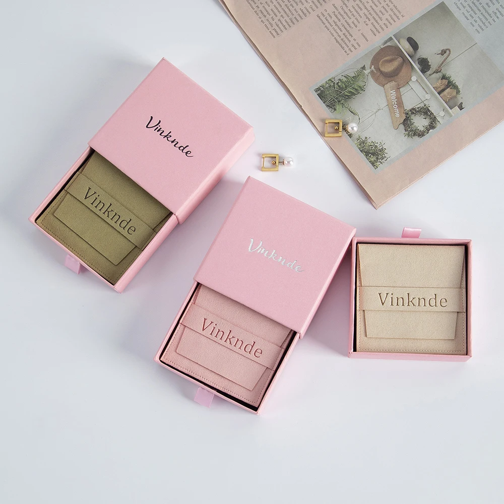 Custom Logo 7x7x1.7cm Pink Drawer Jewelry Gift Boxes for Necklace Rings Packaging Organizer Suede Microfiber Dust Bags Pouches