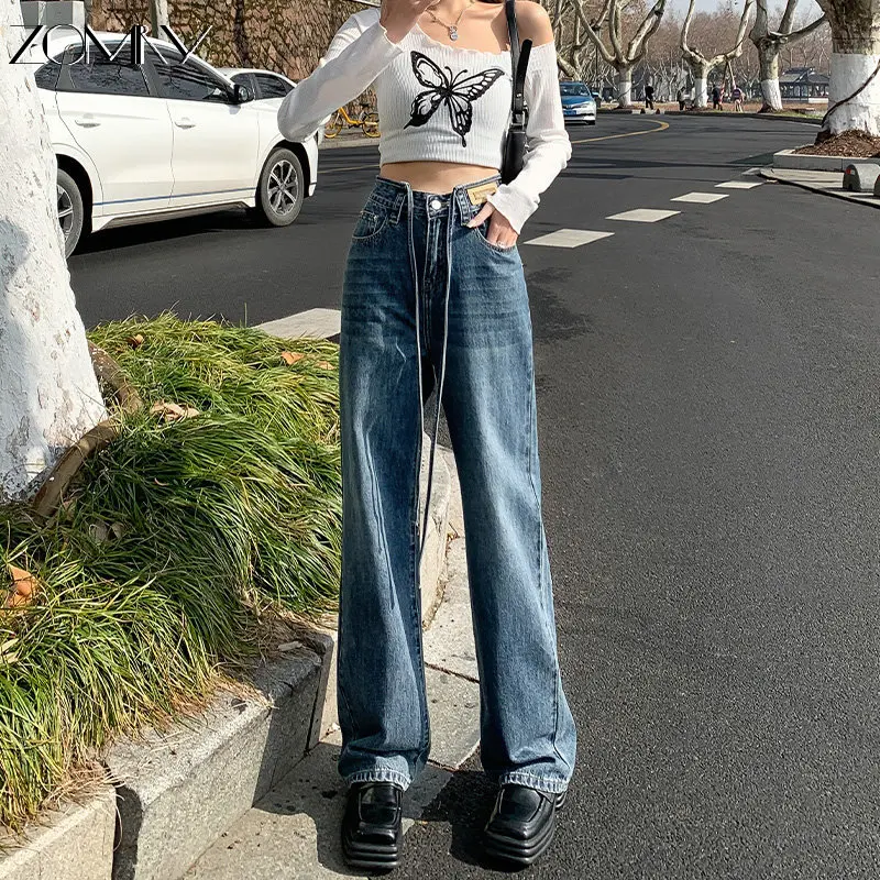 

ZOMRY 2023 Spring Y2K Long Waist Rope Denim Trousers Korean Fashion Blue Jeans Pantalon Large Femme Wide Leg Pants Loose Extra
