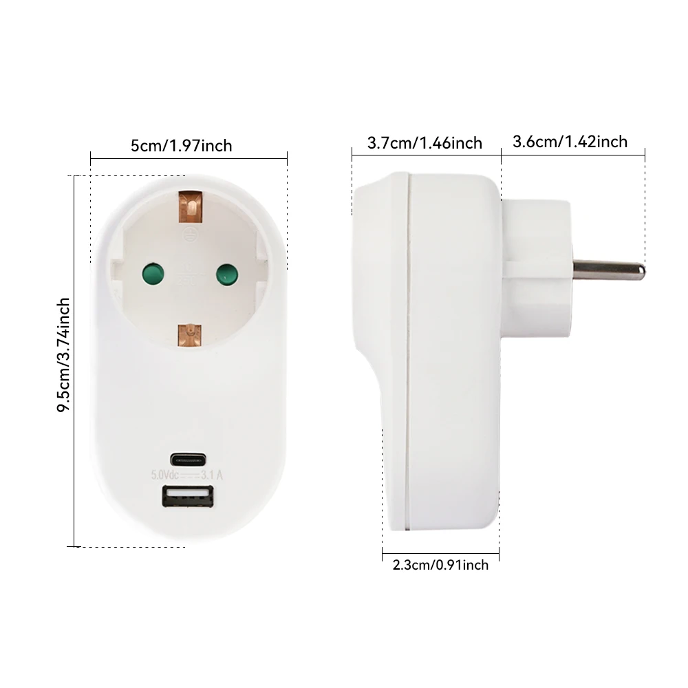 European Multi-Functional Wall Plug with USB and Type-C Interface, 2-Hole Grounding Socket