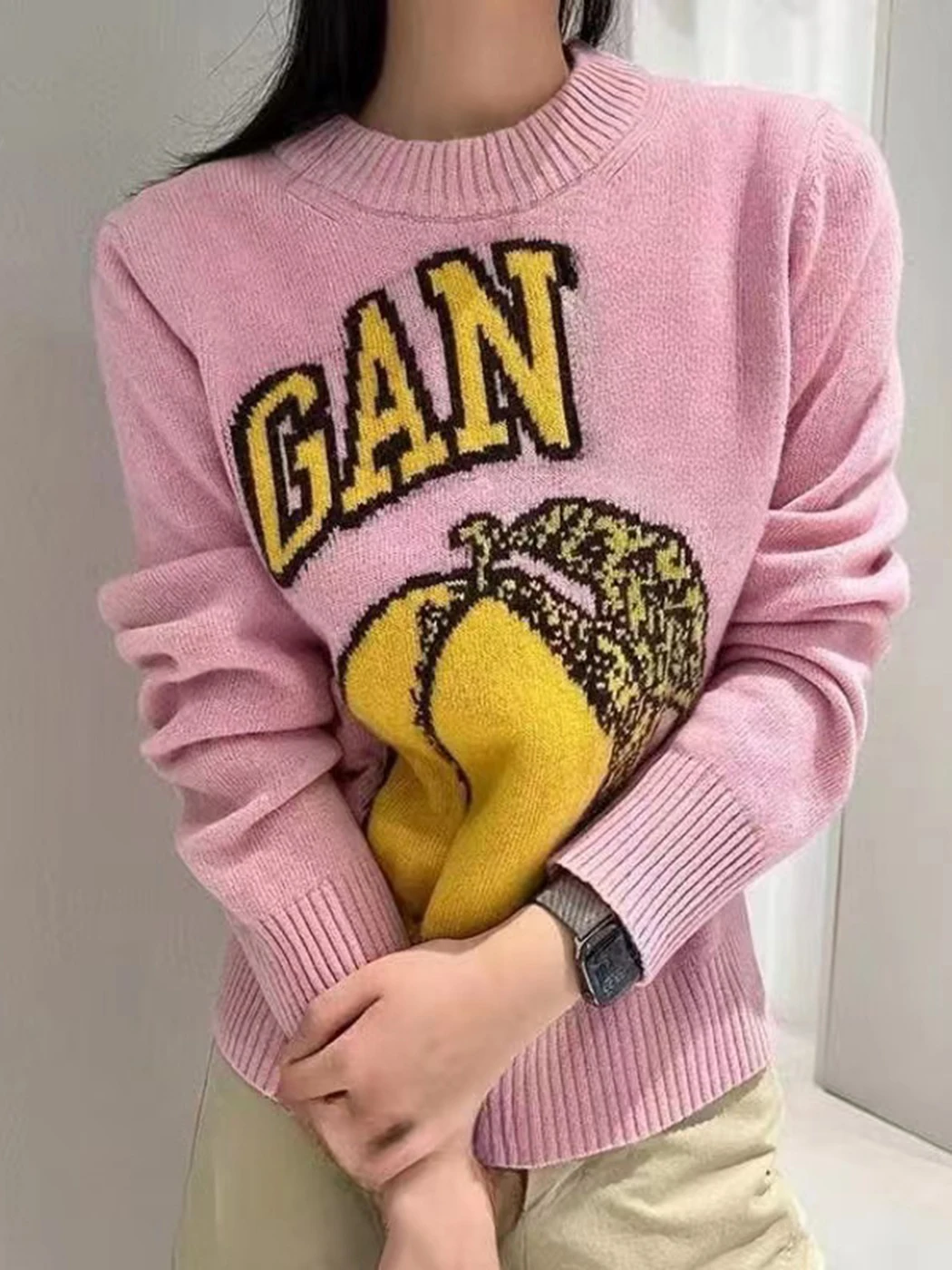 

Women Sweater Peach Jacquard Long Sleeve O-Neck Sweet Knitted Pullover Top