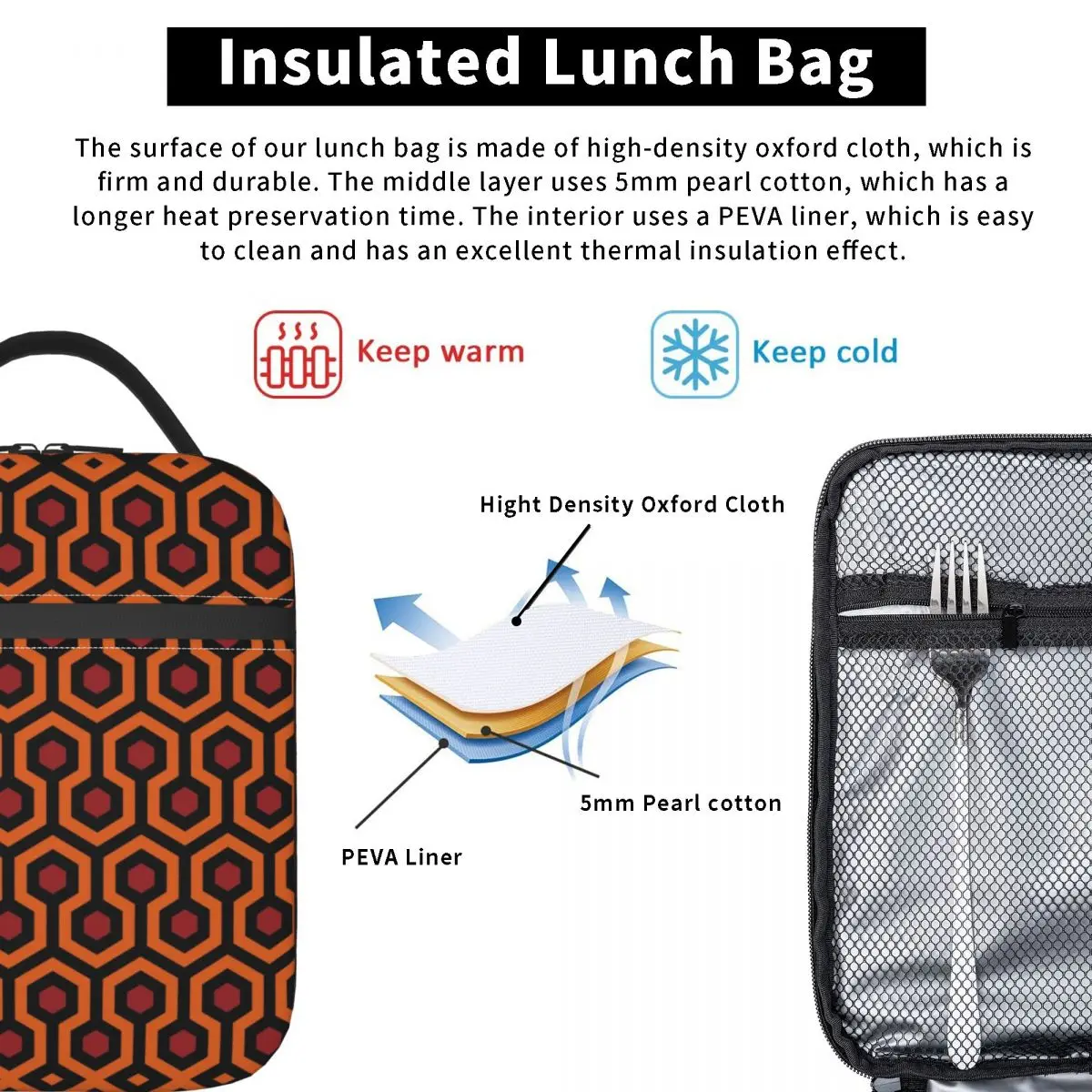 Orange Shining Looped Hexagons Overlook Hotel Carpet Portable Lunch Box Multifunction Thermal Cooler Food Insulated Lunch Bag
