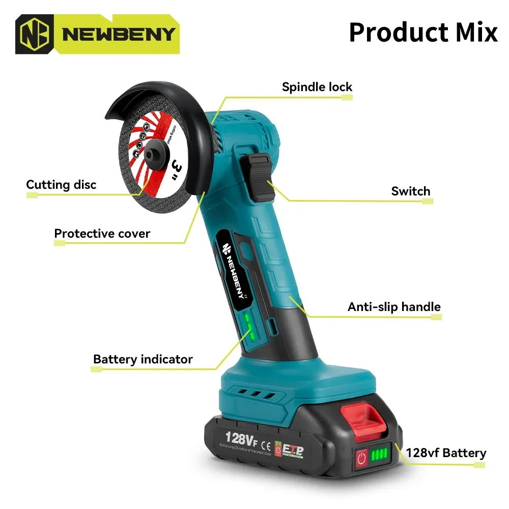 NEWBENY 3 Inch Mini Brushless Angle Grinder Household Cordless Grinding Cutting Woodworking Tool For Makita 18V-21V Battery 3