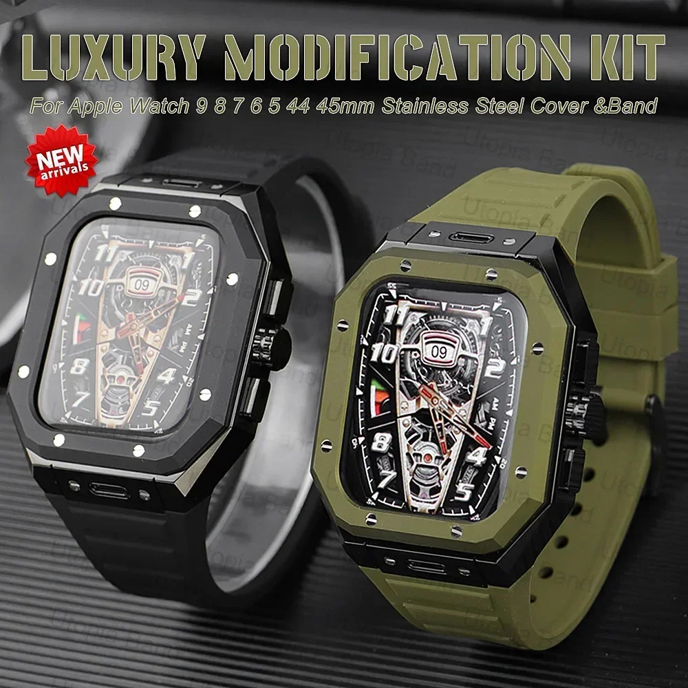 

Luxury Metal Bezel Frame Case For Apple Watch 9 8 7 45mm DIY Modification Kit For iWatch Series 6 5 4 SE 44mm Sports Rubber Band