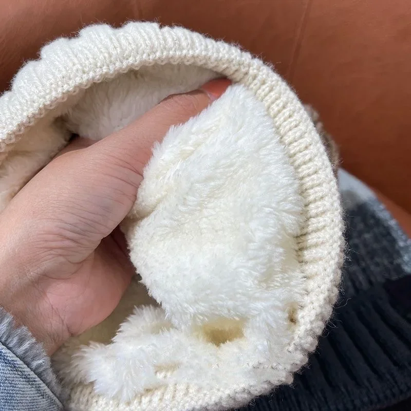 Unisex ColorBlock Winter Hats Add Fur Lined Men Women Keep Warm Beanie Cap Outdoor Decor Winter Knitted Hats