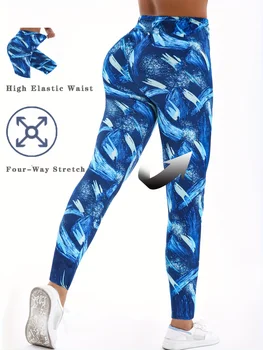 Blue White Phantom Print Geometric Casual Tight Fitting Women's Pants Healthy Height Suitable Stretching Running Sports Exercise 1