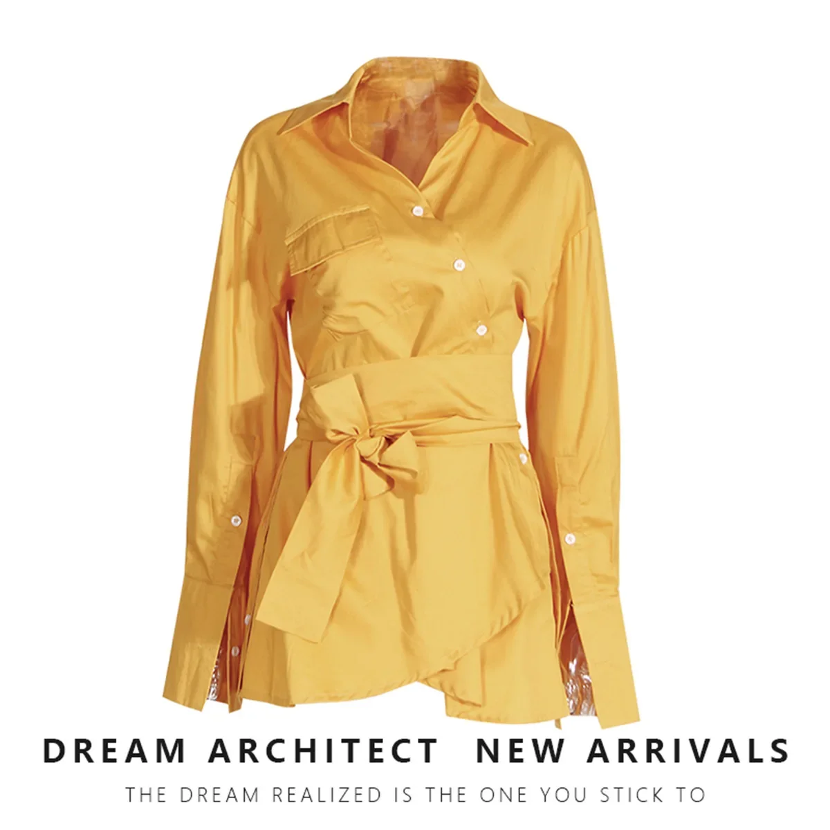 

Ladies Yellow Women Shirt With Belt Female Business Work Wear Long Sleeve 1 Piece Long Blazer Jacket Coat