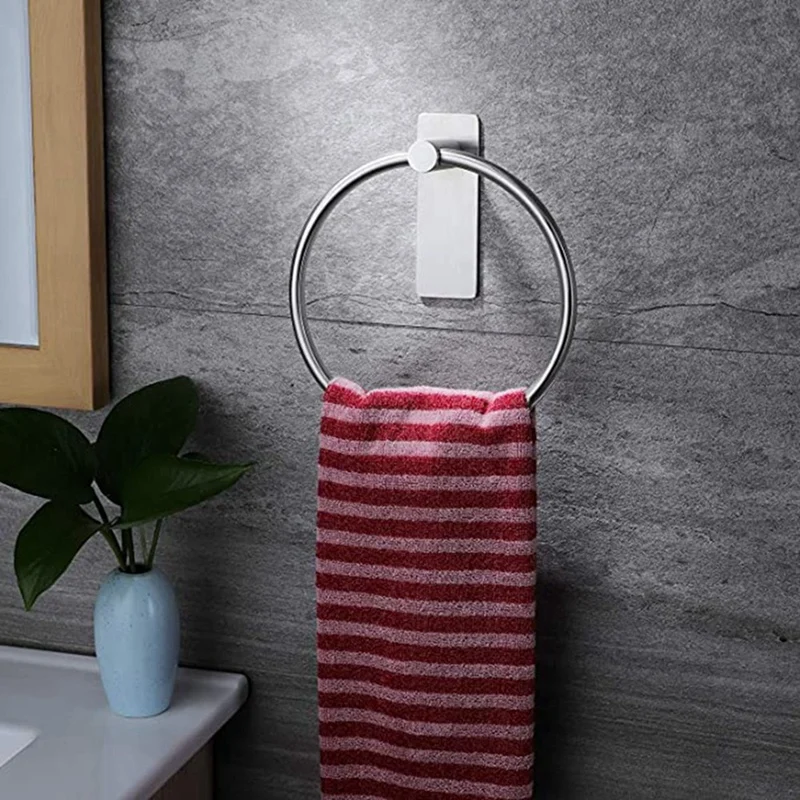 2 Pcs Towel Ring/Hand Towel Holder - Self Adhesive Round Towel Rack Hand Towel Bar For Bathroom, Silver & Black images - 6