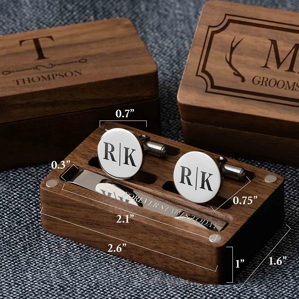 Set Regalo Personalizzato Con Gemelli E Fermacravatta In Metallo, Scatola In Legno Incisa - Per Papà, Testimone Di Nozze, Uomo - 4