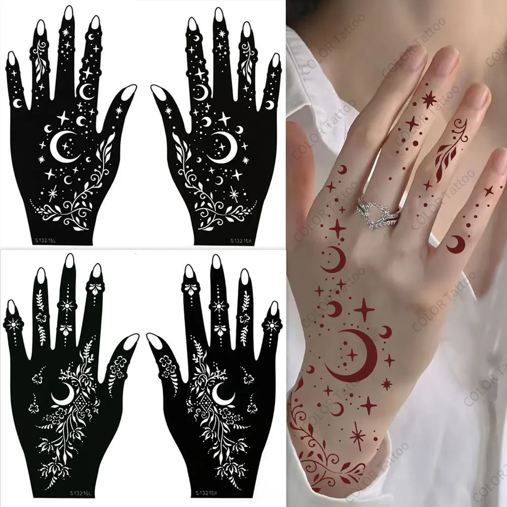 2pcs Tattoo Templates For Hand DIY Painting Moon Leaf Design Henna Tattoo Stencils For Women Reusable Temporary Tools henna tattoo stencils