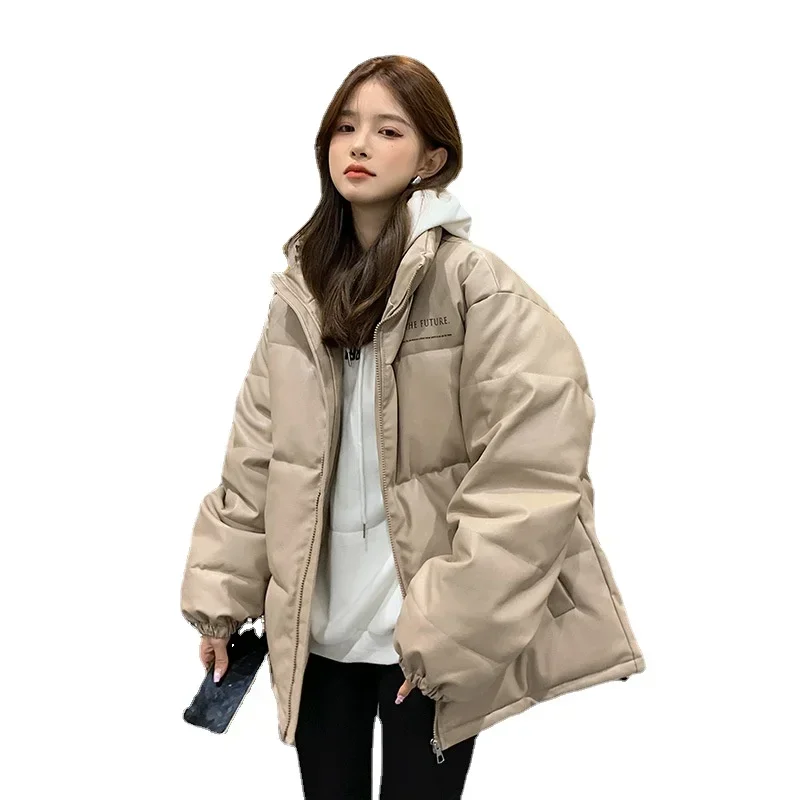 

Korean Winter 2023 New Cotton Coat Shiny PU Leather Loose Thick Cotton Coat Women's Bread Coat Fashion