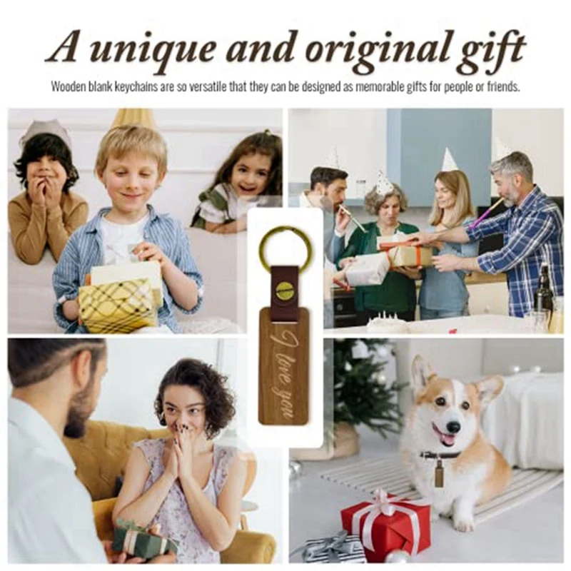 20 PCS Unfinished Wood Crafts Rectangle Leather Keychain Blank Wooden Walnut With Keyring For DIY