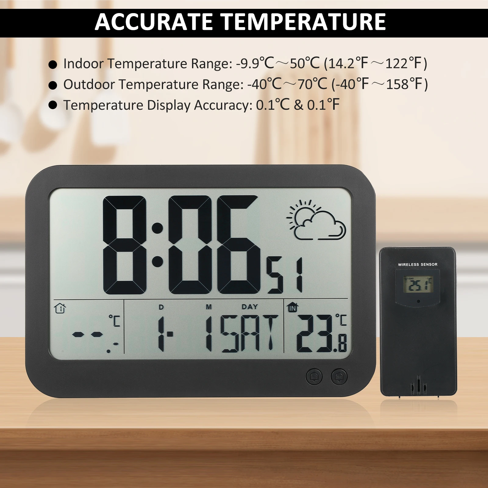 Wireless indoor-outdoor thermometer with alarm clock