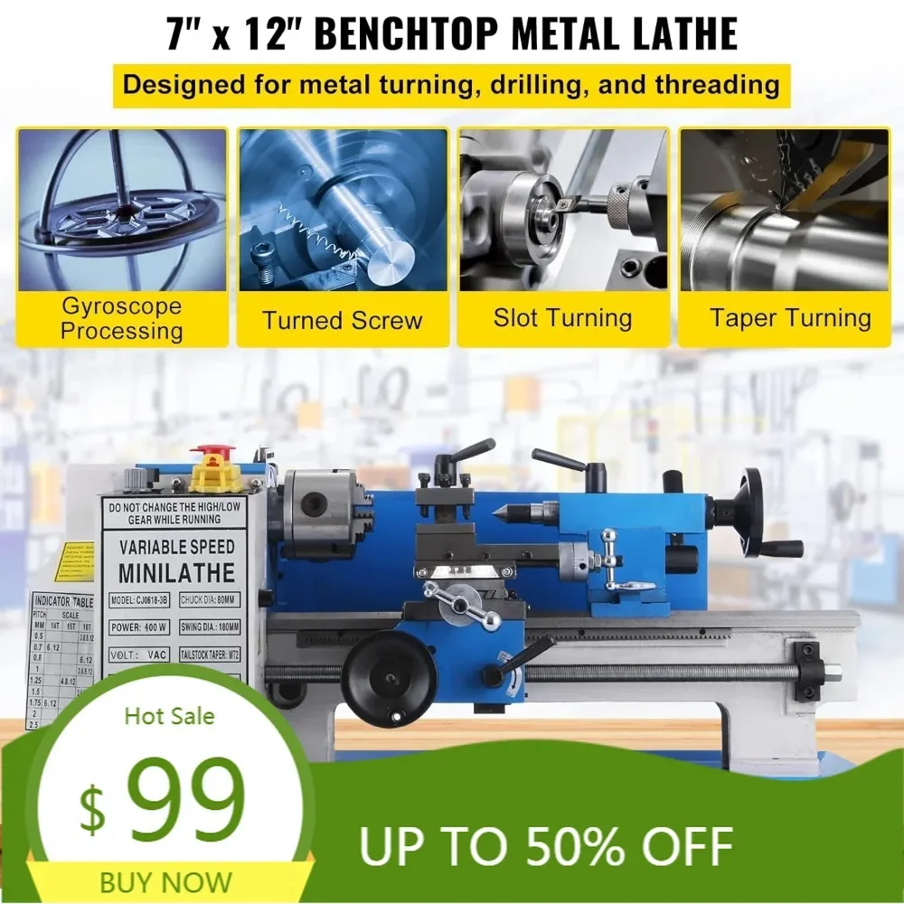 vevor metal lathe 7 x 12 inch, precision mini metal lathe 2250 rpm 550w variable speed, mini lathe precision bench top metal wor