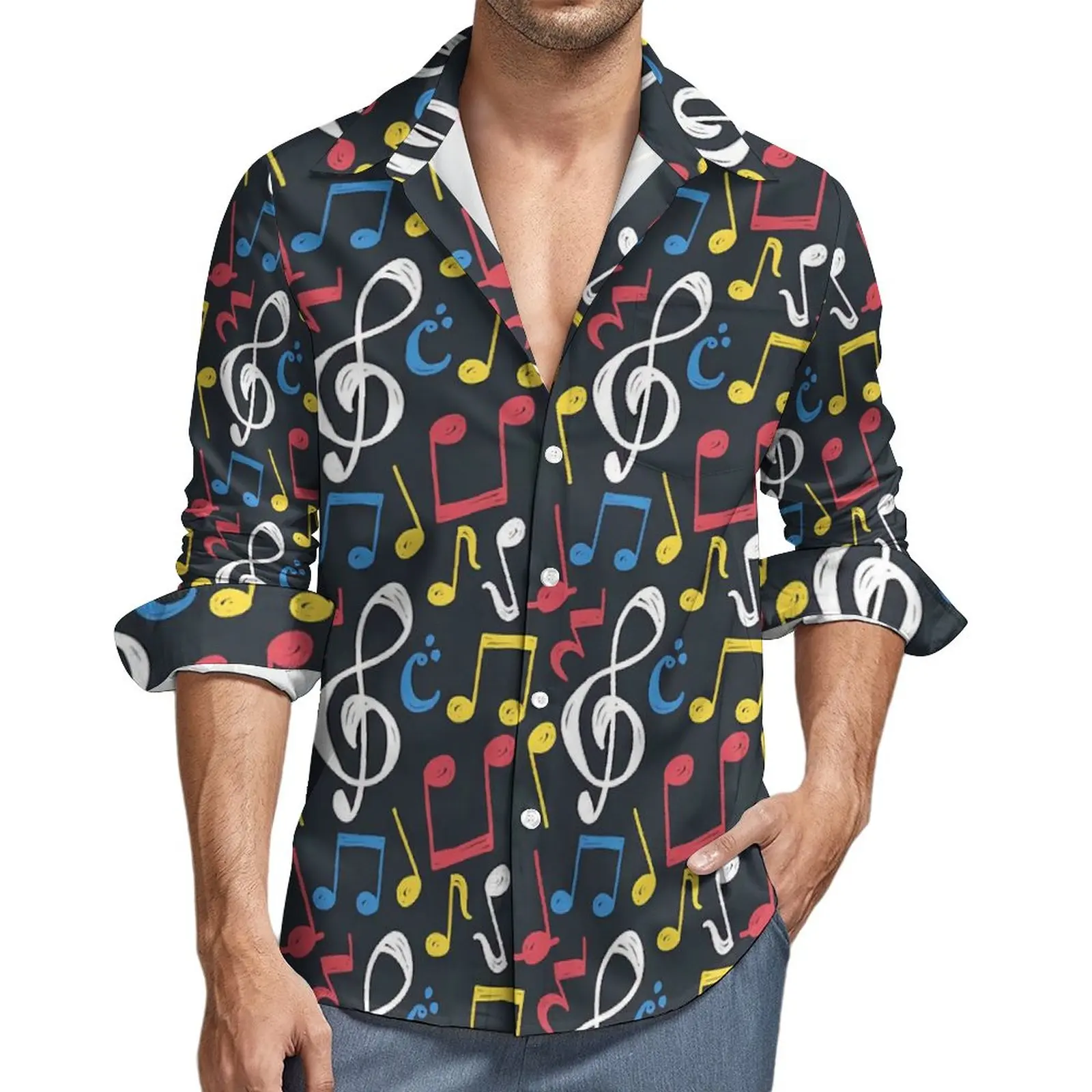 

Music Notes Shirt Men Colorful Musical Casual Shirts Autumn Streetwear Graphic Blouses Long Sleeve Novelty Oversize Top Gift