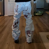 Y2K Harajuku blanc hommes Baggy jean rétro horreur sang imprimé à la main à la mode haute rue Hip Hop unisexe pantalon à jambes larges 4
