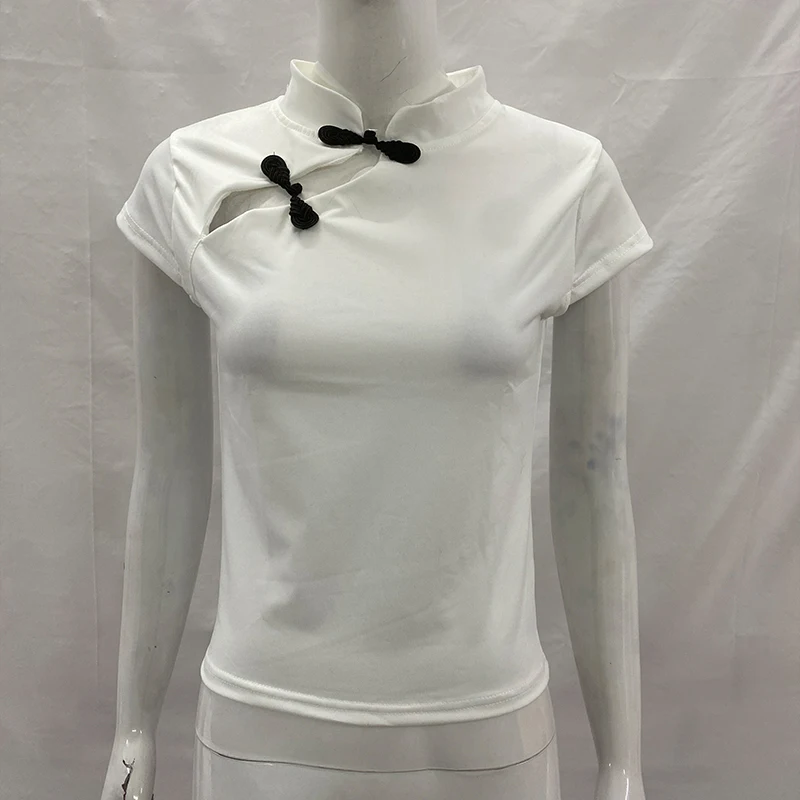 Women's Beige Chinese Style Cheongsam Blouse Vintage Mandarin Collar Short Sleeve Crop Top with Frog Button Keyhole Asymmetrical