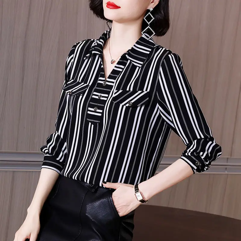 Elegant Printed Button Pockets Chiffon Striped Woman Blouses Autumn New Casual Pullovers Oversized Loose Office Lady Shirt