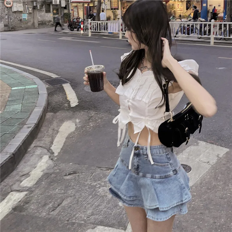 Sexy Chic Ruffles Design Denim Skirt Woman Spring Summer Sweet Cute Trumpet Skirts Fashion Ins High Waist A Line Jupe Femme skater skirt