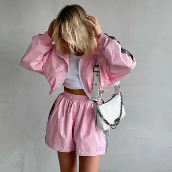 Fashionable Street Sportswear Color Blocking Long Sleeved Zipper Sports Cardigan Jacket Shorts Set Women's Casual Two-Piece Set 1
