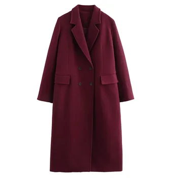 HXAO معاطف الشتاء للنساء سترات الشتاء الدافئ معطف المرأة تويد معطف طويل المرأة الخريف طويلة الأكمام مزدوجة الصدر معطف بورجوندي 4