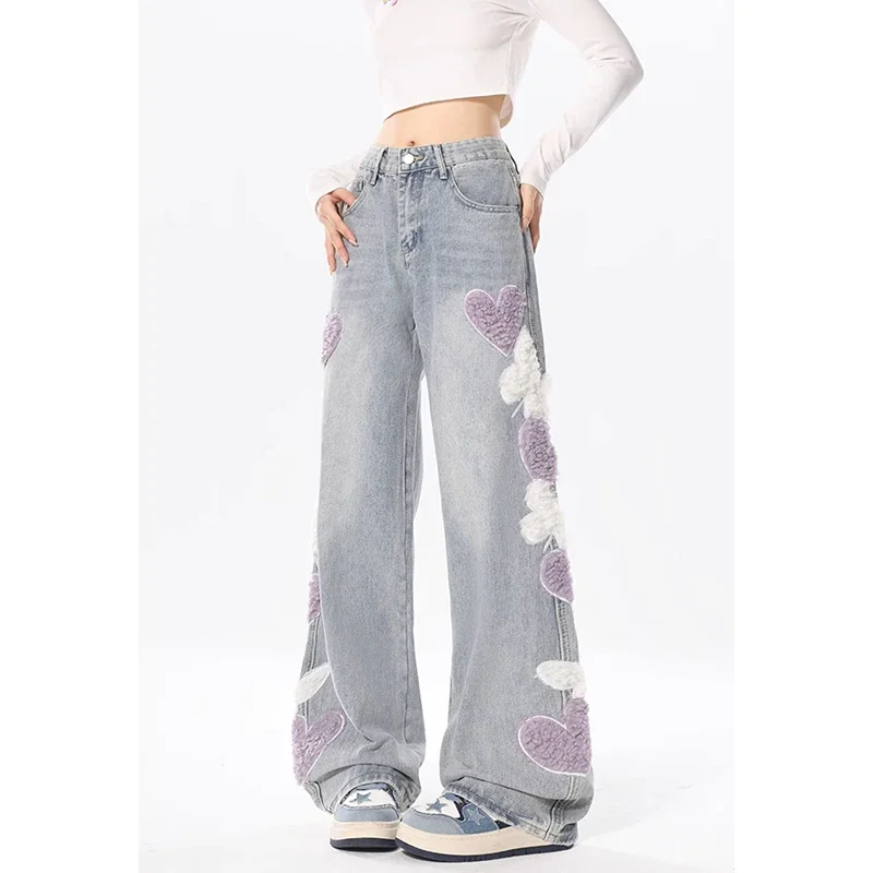 Blue Jeans for Women Embroidery High Waist Vintage HarajukuFashion Streetwear Wide Leg Jean Female Trouser Baggy Denim Pants