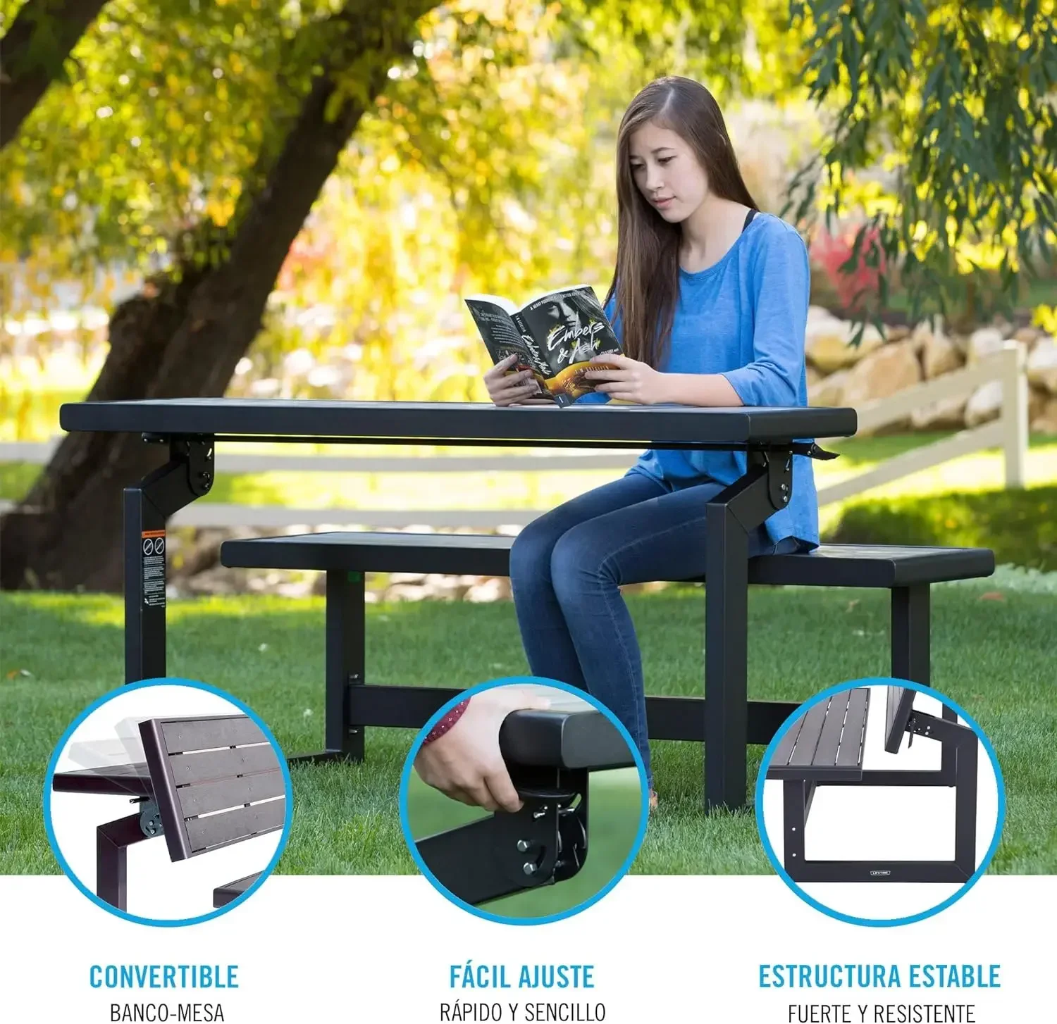 60253 Outdoor Convertible Bench, 55 Inch, Durable, Weather-resistant Polystyrene Simulated Wood Will Not Fade, Gray