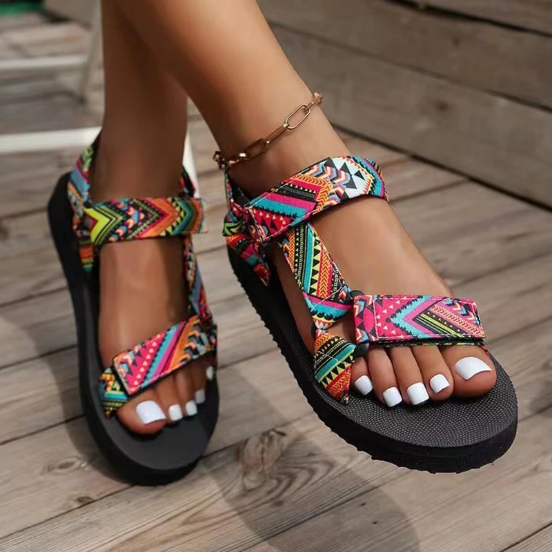 Women’s Boho Tribal Pattern Sandals – Adjustable Strap Flat Outdoor Beach Walking Sandals