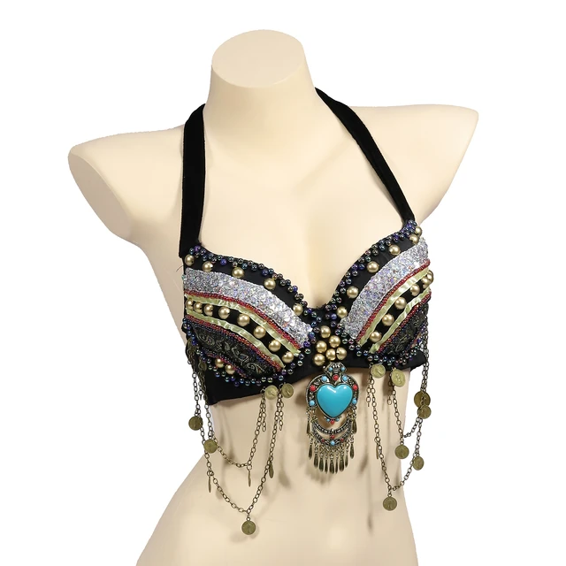 Tribal Zari Bra Vintage Gypsy Belly Dance Push Up Bra Wooden Beads Top with  Swags and Turquoise Medallion - AliExpress