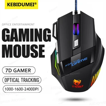 Mouse da gioco cablato 2400DPI, mouse ergonomico regolabile con 7 tasti, 7 colori LED con luce pulsante, mouse Mecha per notebook, laptop, PC.