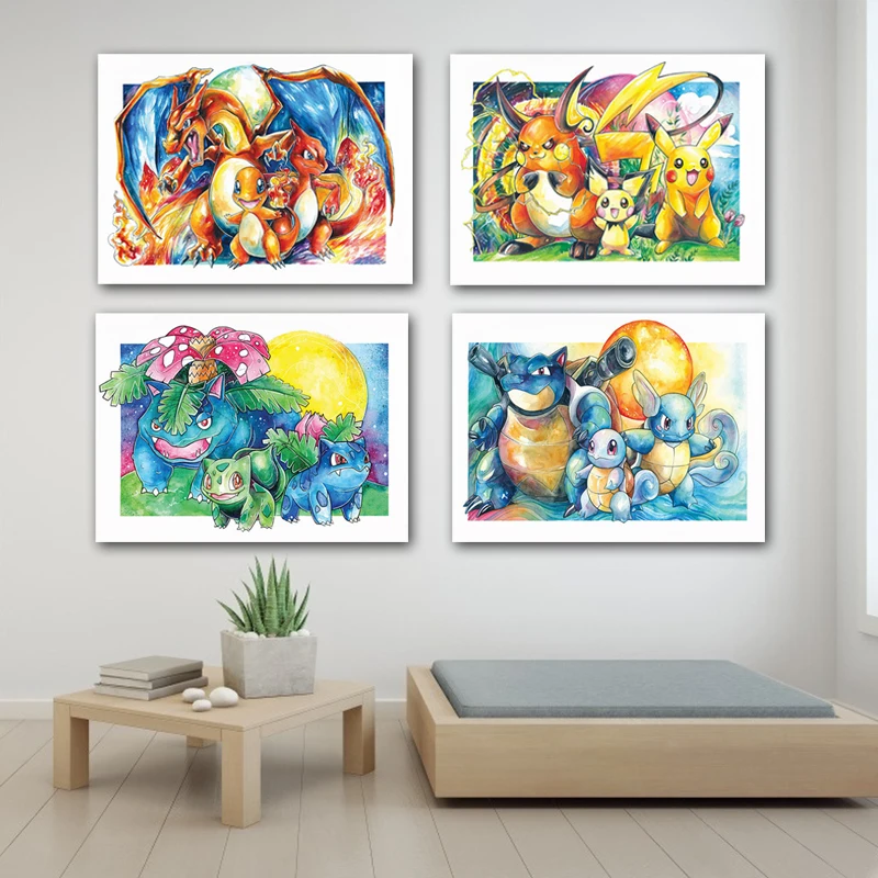 

Watercolor Pokemon Canvas Painting Cute Pikachu Squirtle Bulbasaur Charizad Poster Wall Art Prints Living Room Decor Cuadros