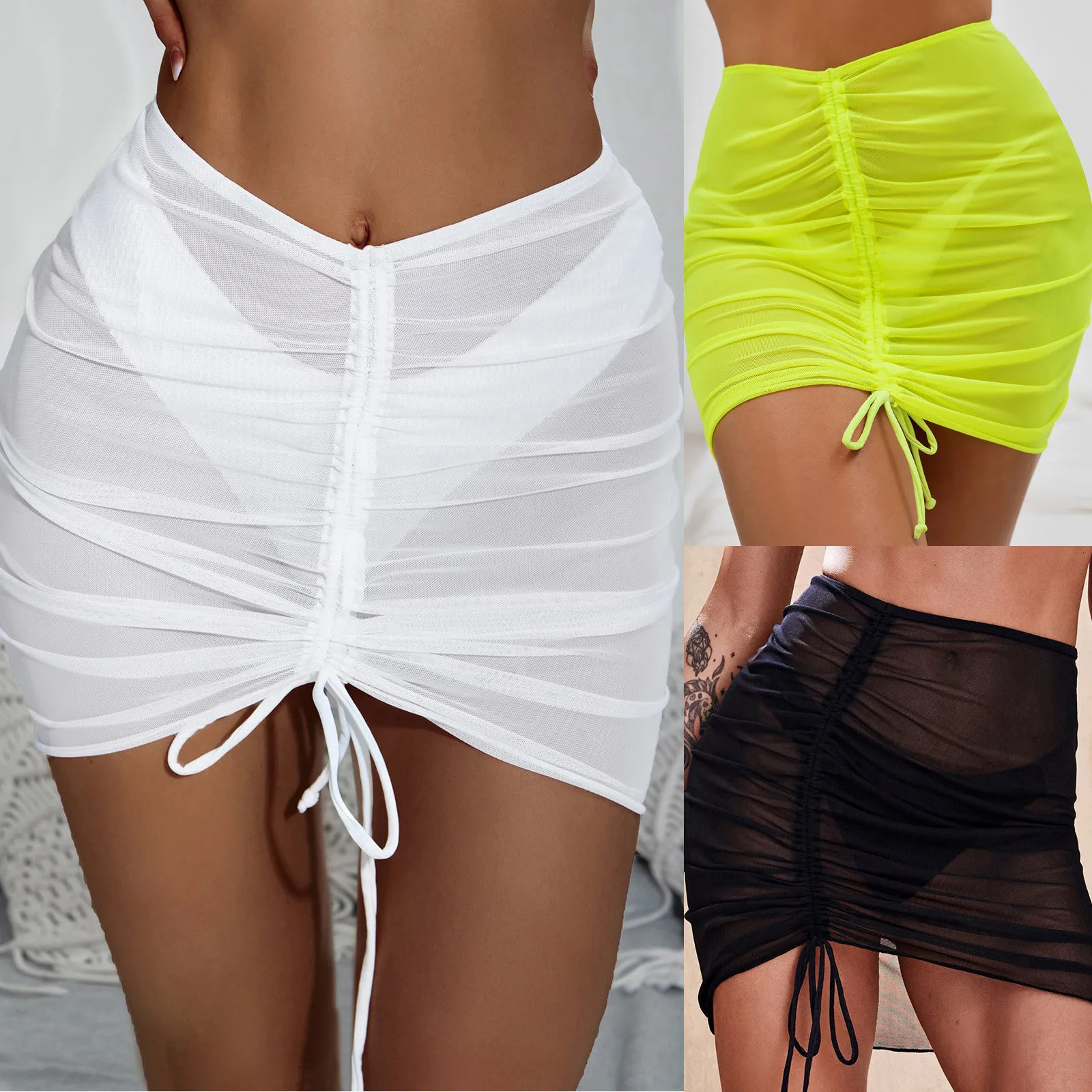 Women Sheer Beach Skirt Cover Up Beach Wrap Bikini Shiny Wraps Cover Ups For Swimwear Mesh Drawstring Mesh pareos de playa mujer swimsuit cover up swimsuit coverup