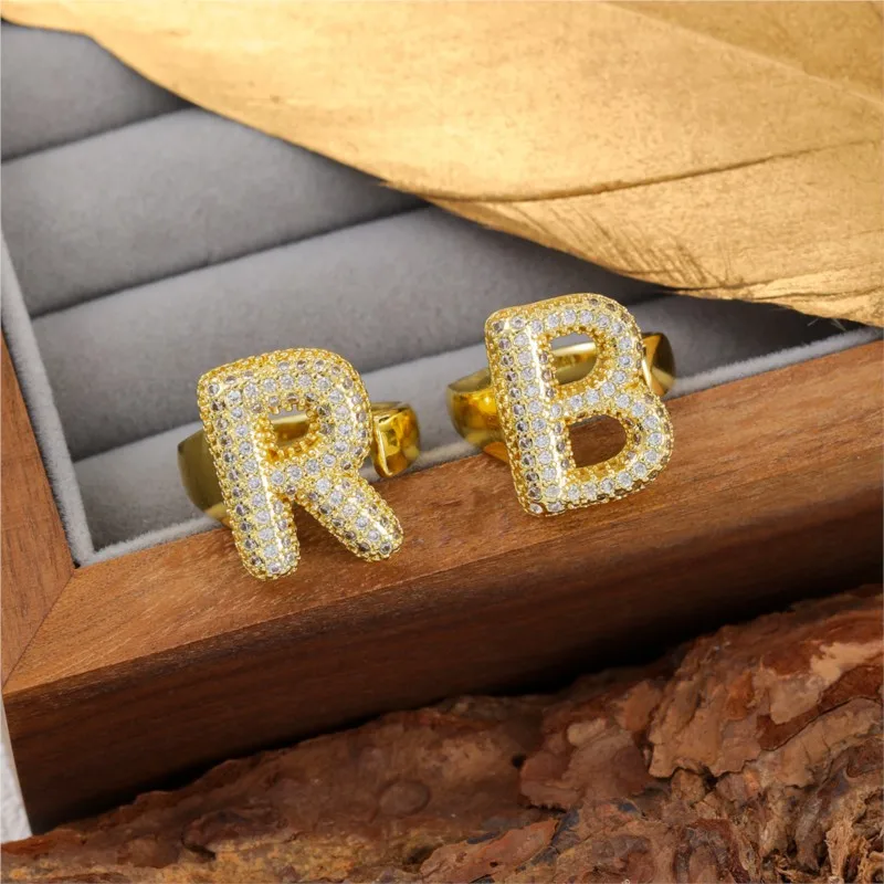 14K Gold Color A To Z Letters Shape Zircon Rings for Women Elegant Fashion Adjustable Ring Jewelry Gifts