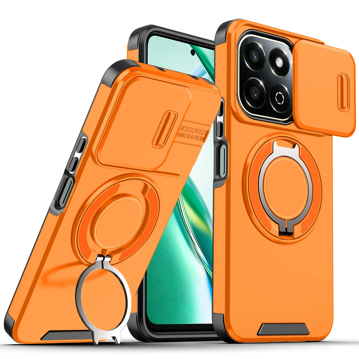 Magnetic Metal Ring Stand Armor Case with Slide Window Lens Protection