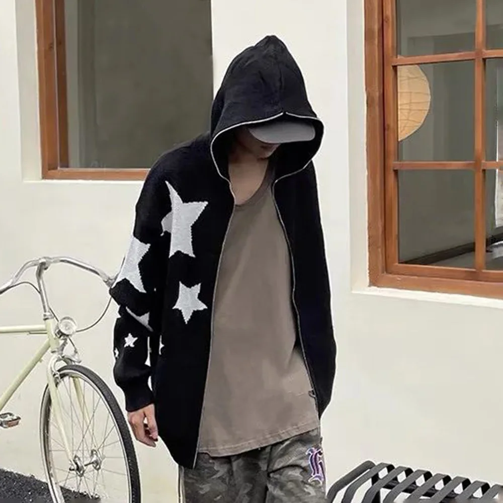 Star Zipper Cardigan Men Hooded Knitted Sweater Y2K Streetwear Spring Fall American Loose Casual All-match Hooded Sweater Jacket