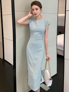 Summer Elegant Office Women Dress Chic Formal Solid Short Sleeve Slim Slit Midi Pencil Street Clothes Mujer Robe Femme Vestidos