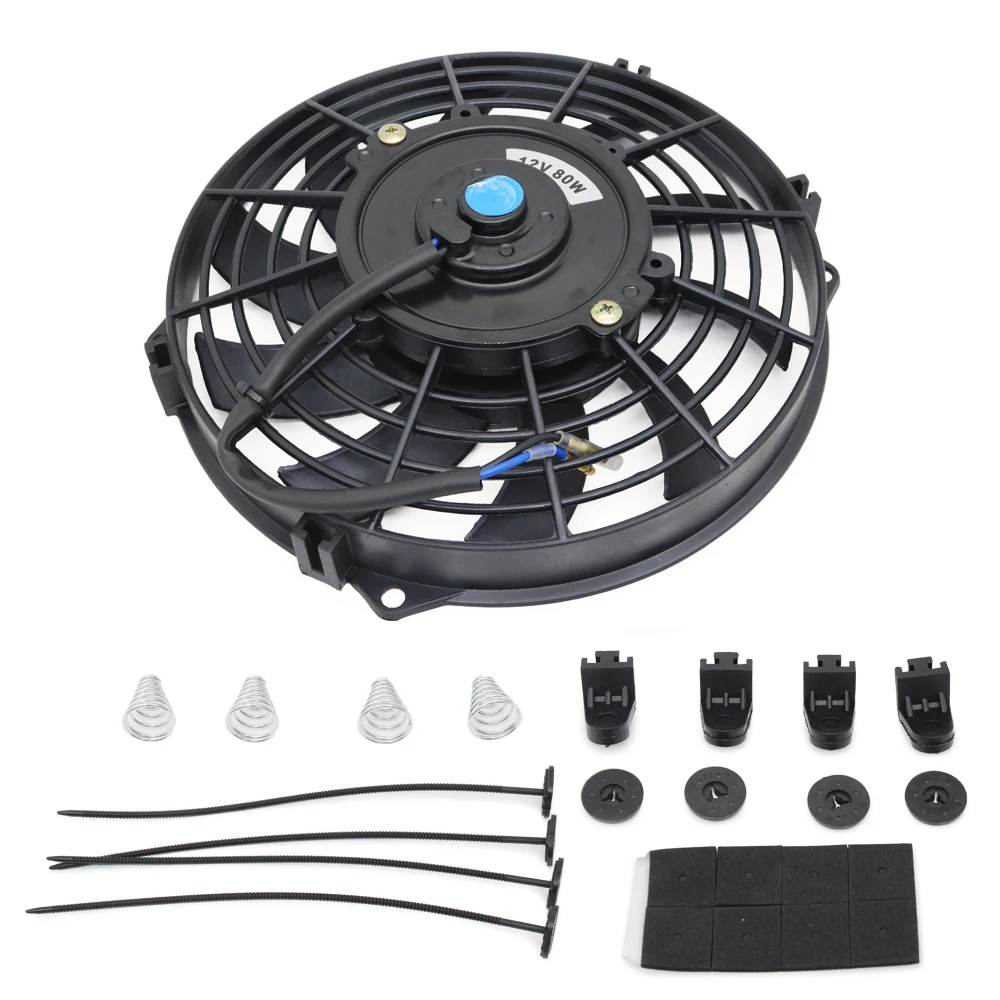 Universal 12V 80W Slim Reversible Black Blade Electric Cooling Radiator Auto Fan Mounting Kit 7 9 10 12 Inch