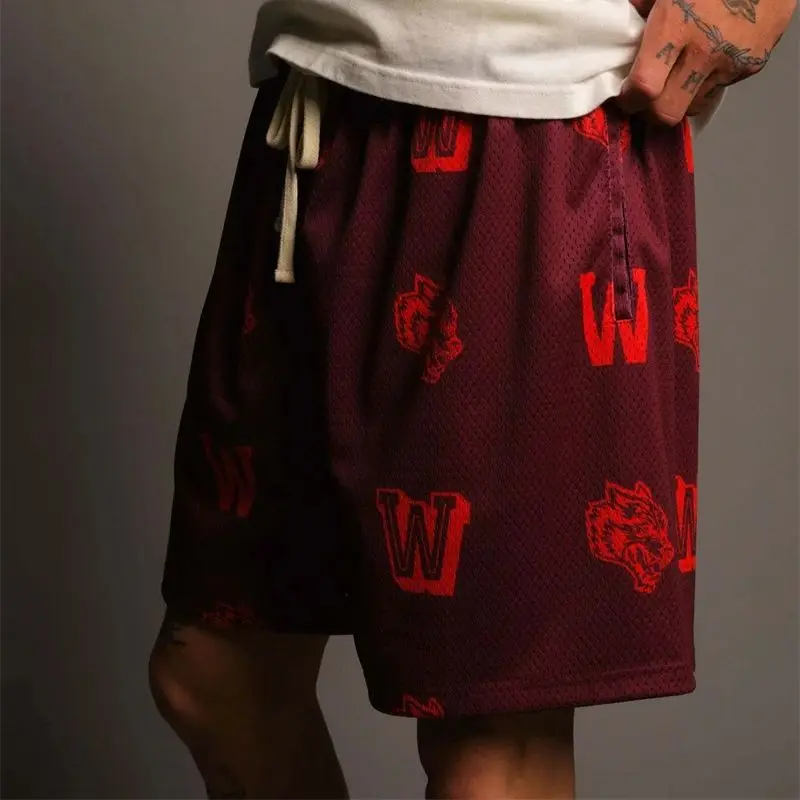 New summer men's casual pants printed letter Wolf head men's shorts five quarter pants mesh quick drying fitness exercise pants