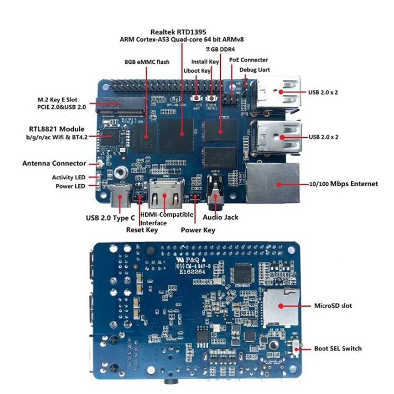 For Banana Pi BPI-M4 Development Board With Heatsinks DDR4 RAM Realtek RTD1395 ARM Cortex-A53 Quad-Core 64 Bit