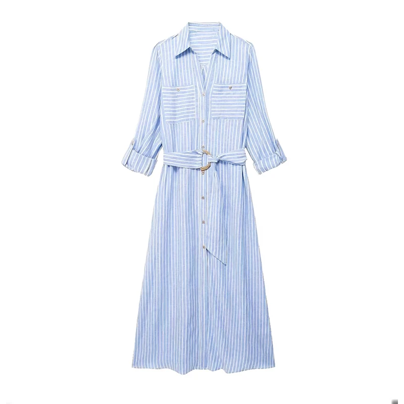 

Летние женские синие полосатые длинные платья-рубашки с поясом и передними карманами, повседневные платья