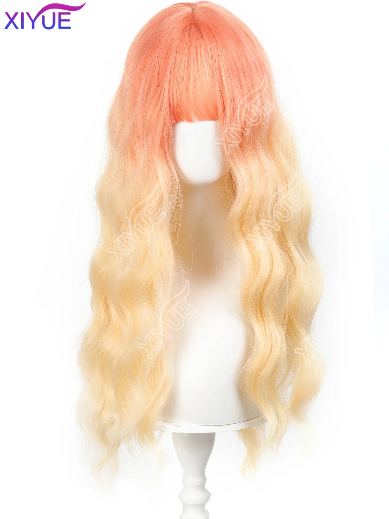 XIYUE Orange Yellow Ombre Synthetic Hair Wig for Women with Bangs Long Wavy Natural Look Daily Cosplay Halloween Women's