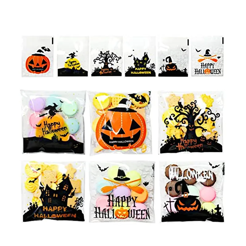 

100Pcs Halloween Pumpkin Small Cellophane Candy Bags Self Adhesive Clear Cookie Treat Kids For Party Favor Gift Supplies Packing