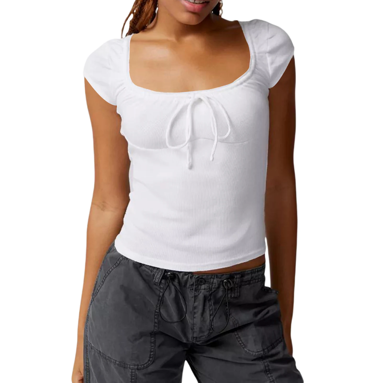 

Women T-Shirts Cap Sleeve O Neck Solid Color Slim Fit Tops Spring Summer Blouses 2023 New Women's Casual Fashion Streetwear