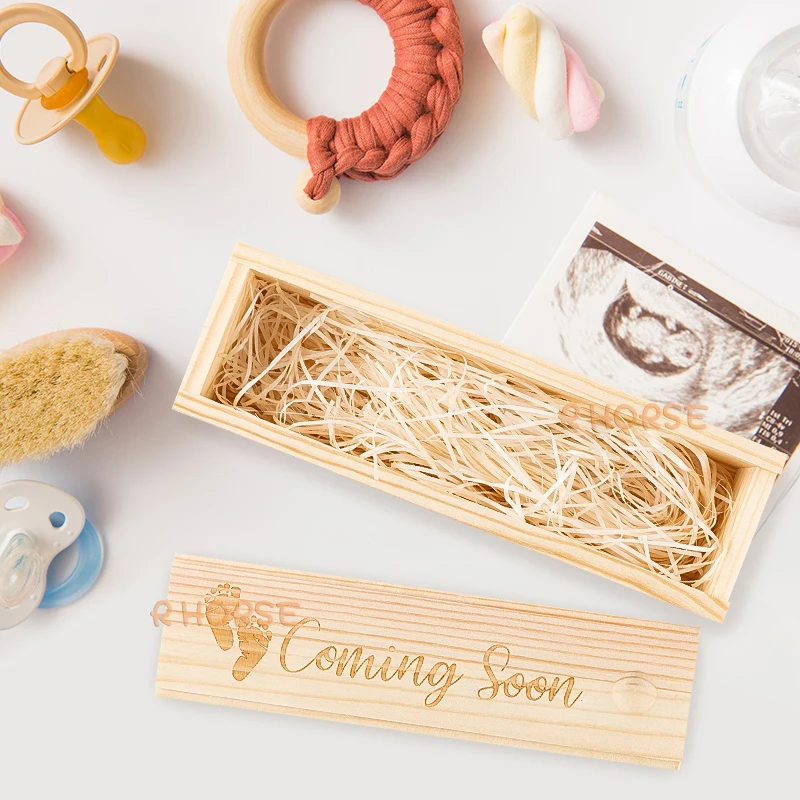 Pine Wood Pregnancy Test Keepsake Box Baby Coming Soon Birth Hairs Ultrasound Pictures Storage Memory Souvenir for New Parents