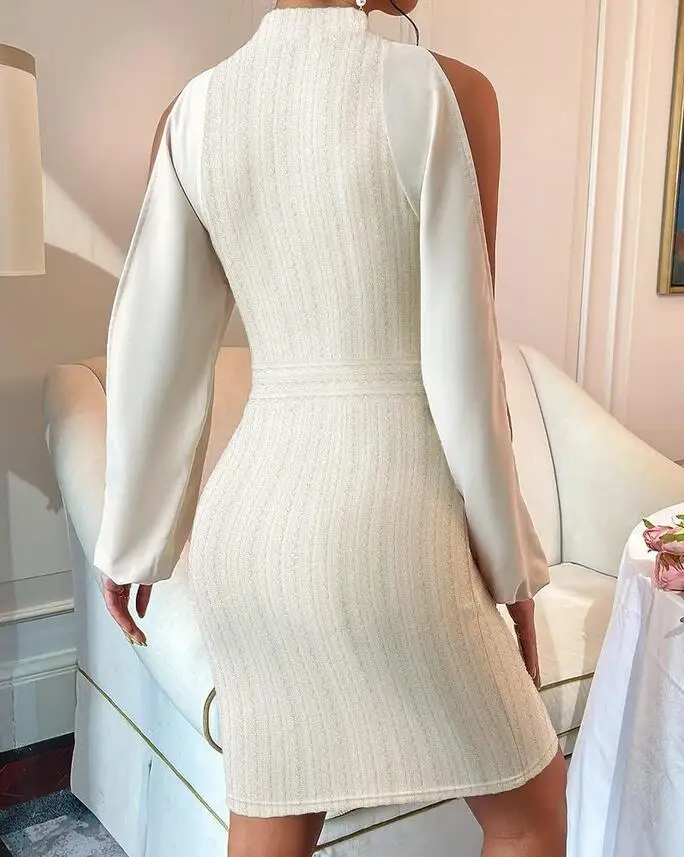 

Turtleneck Tight Dress Solid Color Slim Y2K Beige Bodycon Dress Women Jacquard Long Sleeve Off-Shoulder Sheath Midi Dress