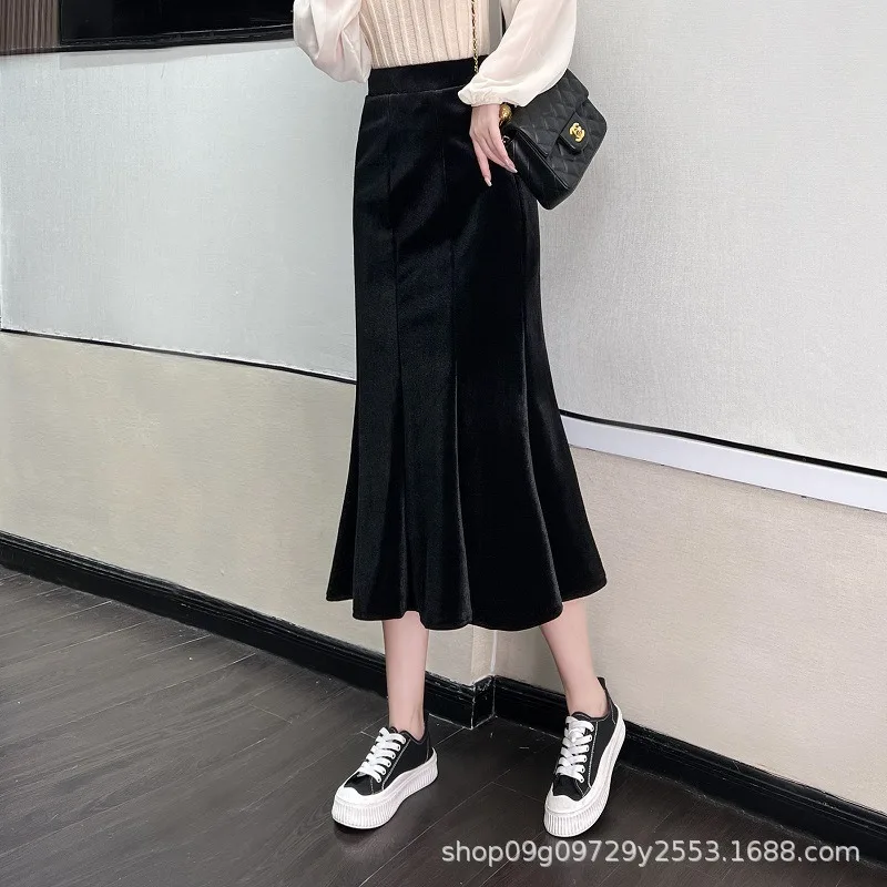 Long Mermaid Skirt Woman Ruffles High Waist Midi Skirts Y2k Women Korean Back Elastic Black Mercerized Cotton Elegant Long Skirt pumaofficial puma pr classic waist back