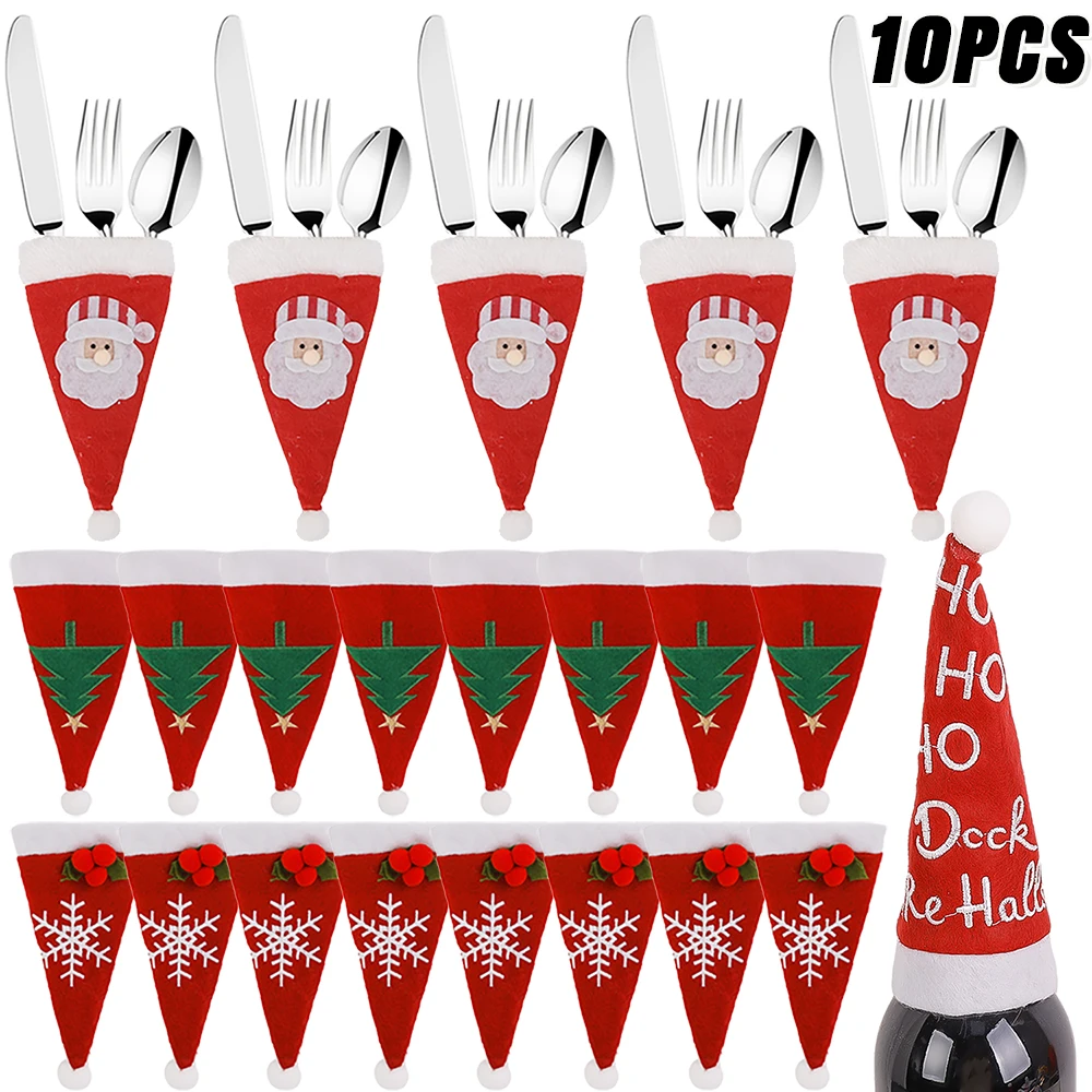 

10/1Pcs Christmas Cutlery Holder Set Wine Bottle Cover Santa Hat Fork Knife Cutlery Holder Bag Xmas Navidad Dinner Table Decors