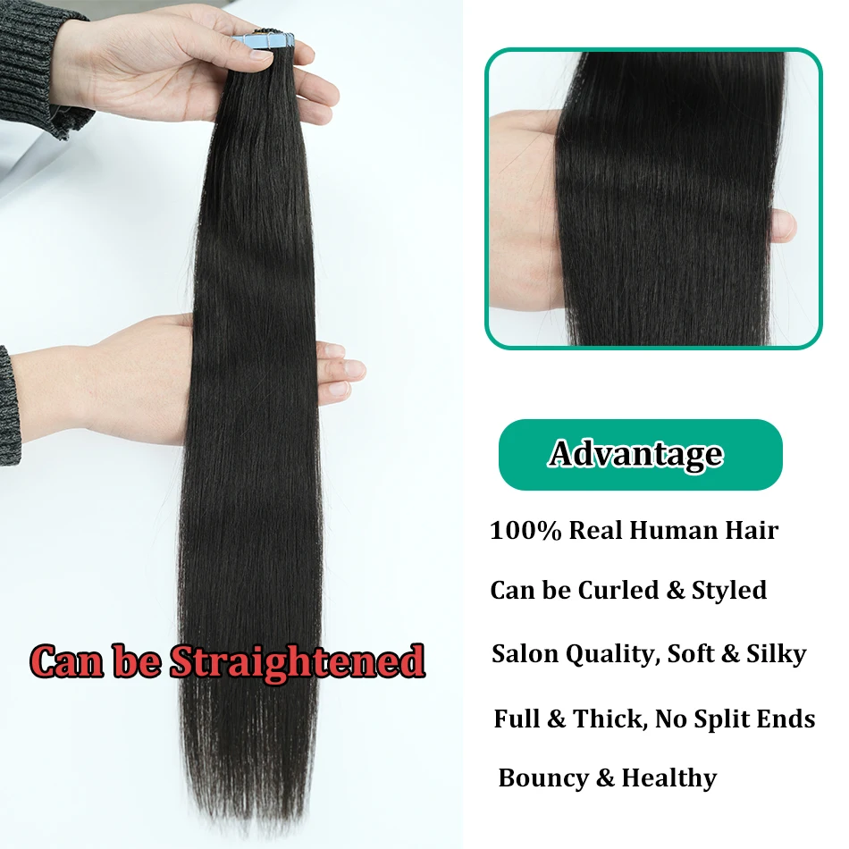 LOVEVOL 20 pcs Body Wave Tape in Hair Extensions Human Hair 100% Real Remy Skin Weft for Women Natural Color 20 Inch