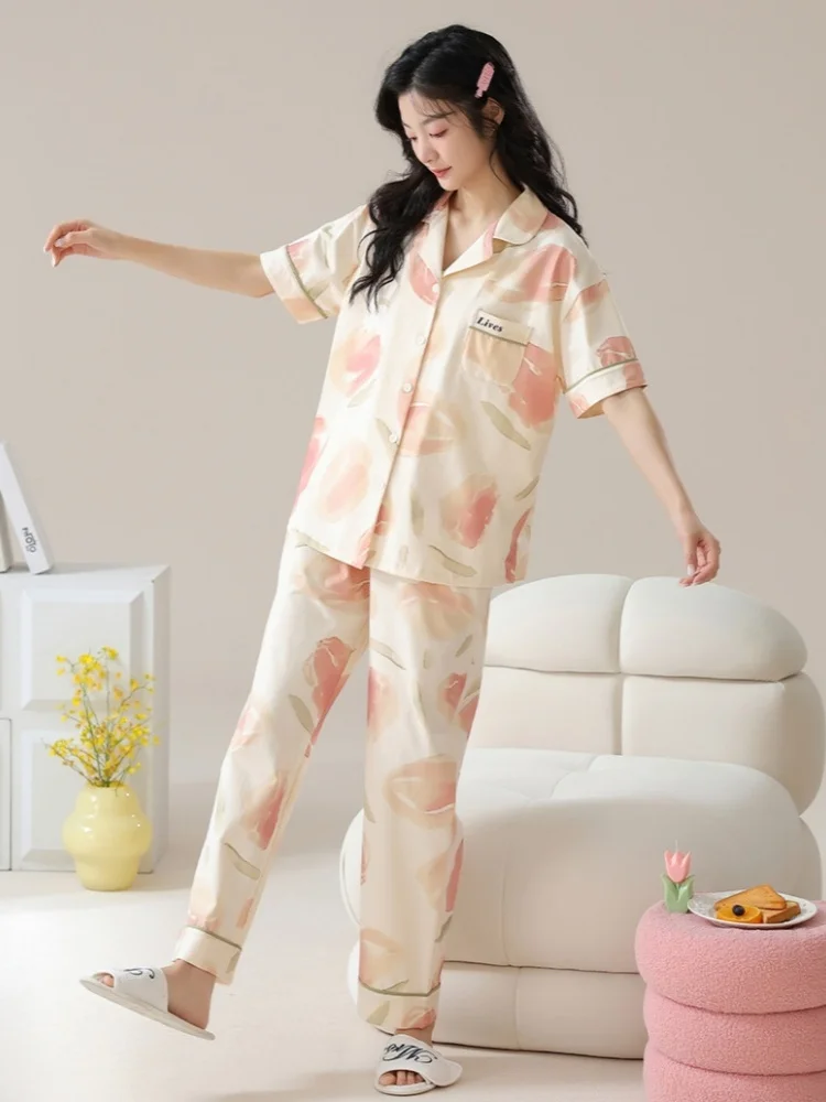 Spring Summer Women's Thin Knitted Cotton Pajamas Lapel Short Sleeve Cardigan Pants Girls Cute Loose Casual Home Clothing Set