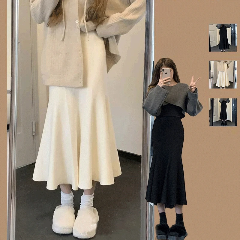 여성 니트 머메이드 스커트, 하이웨이스트 슬림핏, 힙한 커버링, 스타일리시한 한국 스타일, 가을 겨울 
