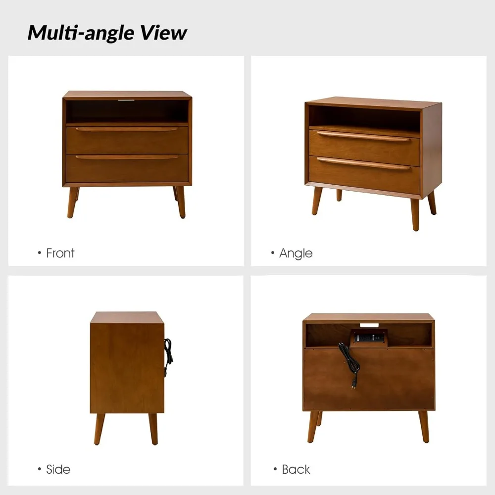 Nightstand with Charging Station, Mid-Century Modern 2 Drawer and Open Shelf Dresser for Bedroom, Fluted Bedside Table